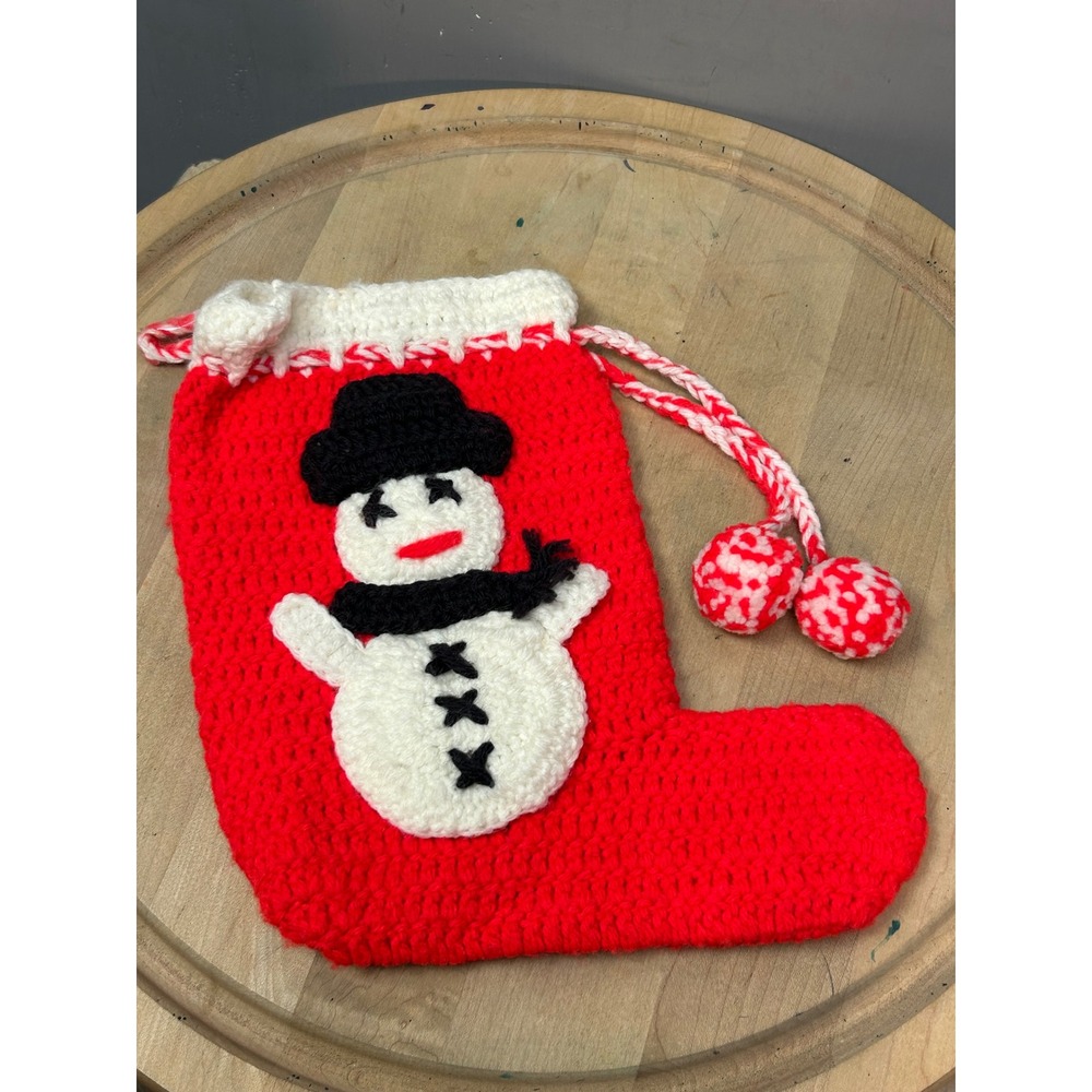 Handmade Red‎ Crochet Christmas Stocking Snowman Design White Trim Red Pompom